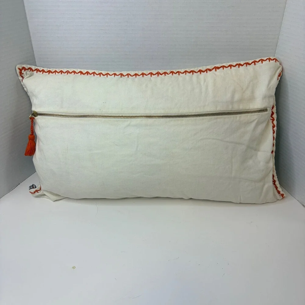 Serena & Lily Blue Geometric Block Print Lumbar Pillow Cover Orange Whipstitch